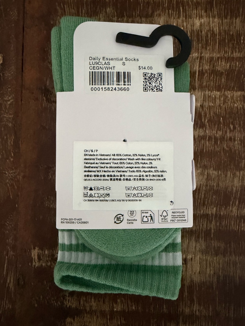 Lululemon Daily Essentials Green Crew Socks with White Stripes - Picture 2 of 2